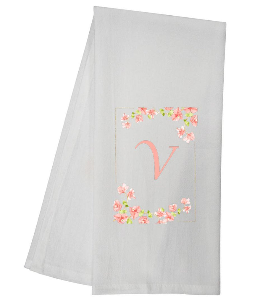 Pink Floral Elegance V Monogram Personalized Towel Tea Towel GGTT479