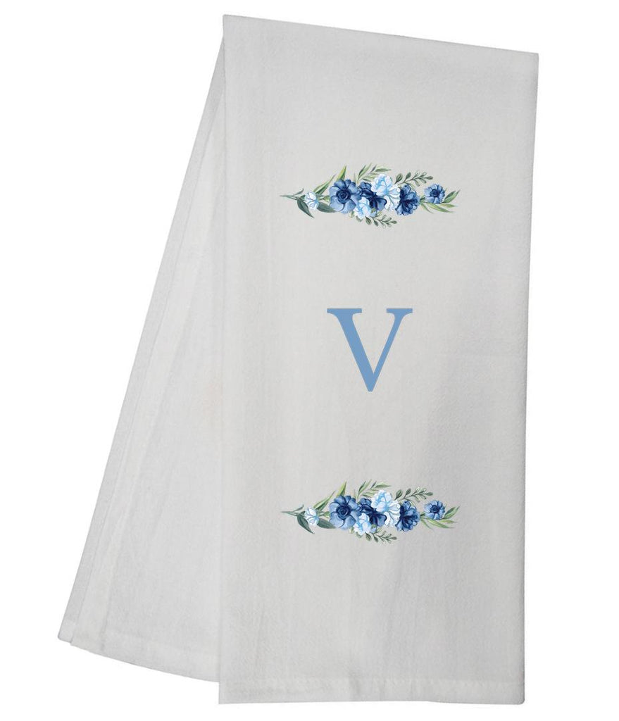 Blue Floral Bliss V Monogram Personalized Towel Tea Towel GGTT499