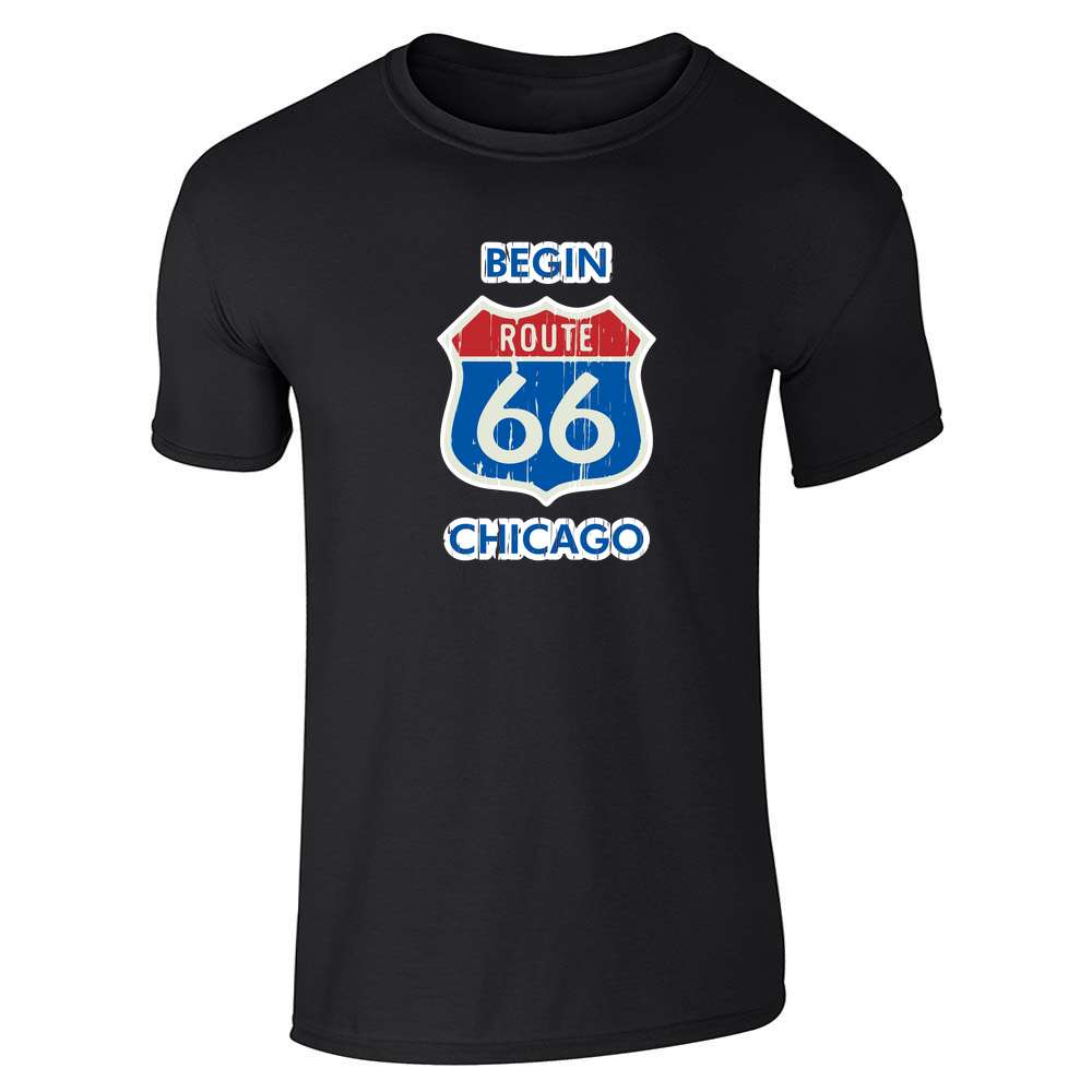 Route 66 Begin Chicago Distressed Road Sign Unisex Tee
