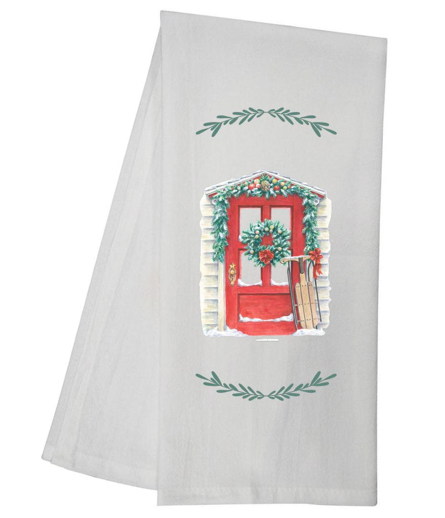 Decorated Holiday Door With Sled Tea Towel GGTT959