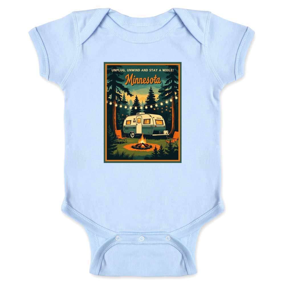Minnesota Unplug Unwind Stay A While Retro Travel Baby Bodysuit