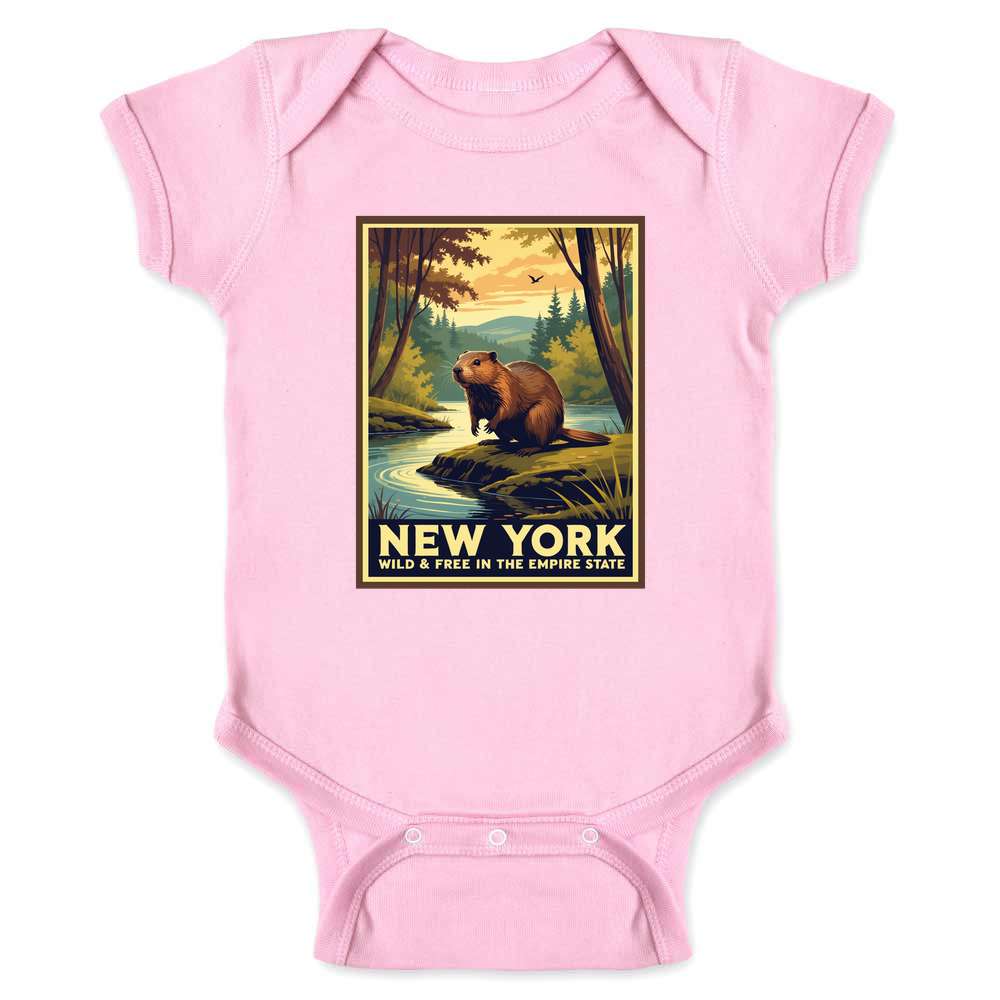 New York Beaver Wild And Free Retro Travel Baby Bodysuit